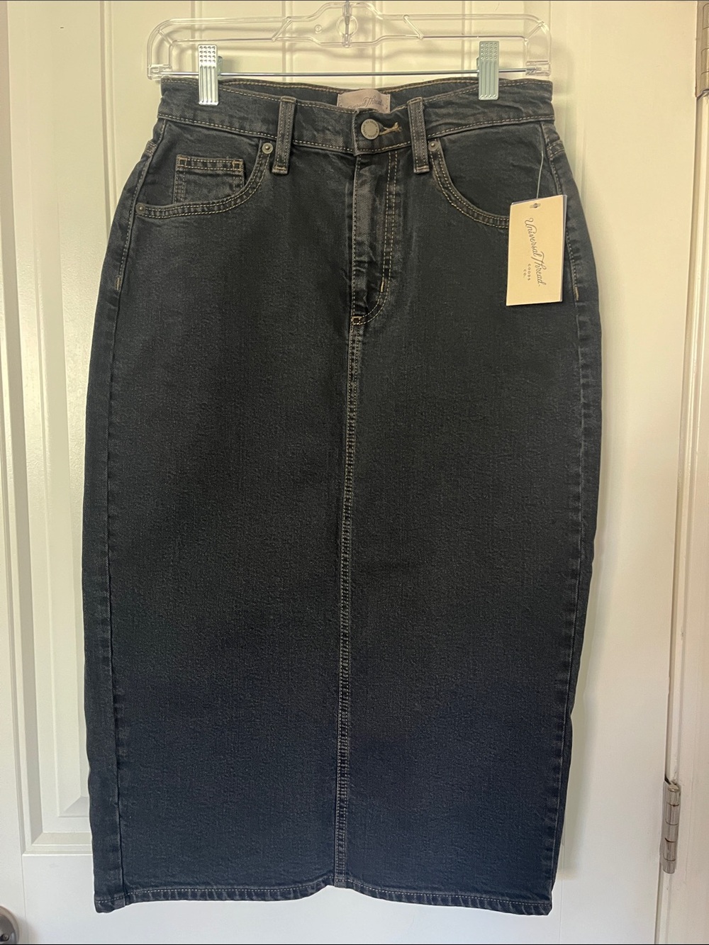 Universal Thread Black High-Rise Midi Denim Skirt